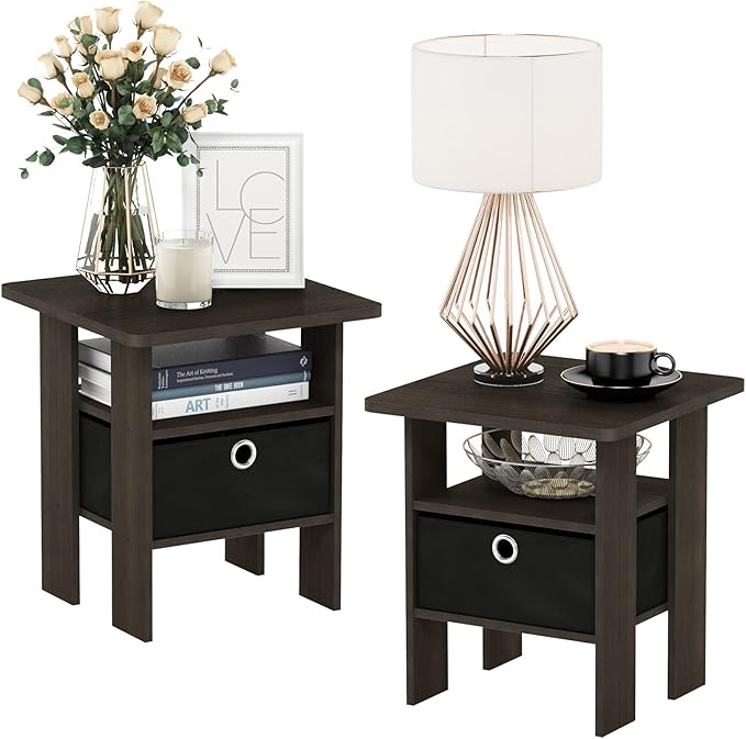 Furinno Andrey Set of 2 End Table / Side Table / Night Stand / Bedside Table with Bin Drawer, Dark Brown/Black