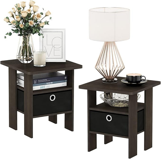 Furinno Andrey Set of 2 End Table / Side Table / Night Stand / Bedside Table with Bin Drawer, Dark Brown/Black