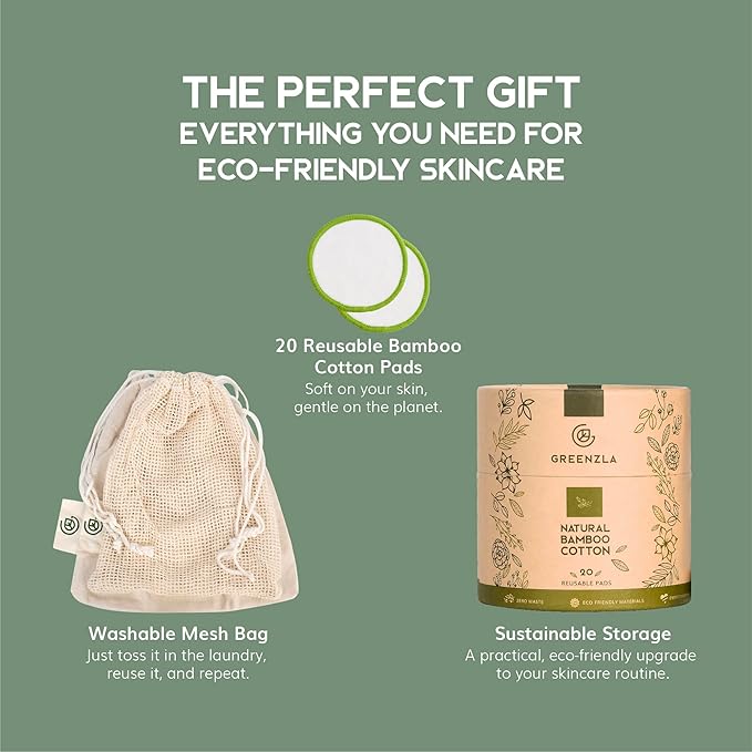 Greenzla Reusable Makeup Remover Pads (20 Pack) Washable Laundry Bag & Round Box for Storage, Reusable Bamboo Cotton Rounds for All Skin Types-NeatNest