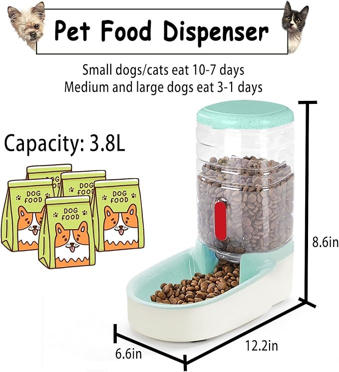 kathson Automatic Cat Feeder 1 Gallon Gravity Dog Food Dispenser Large Capacity Self Feeding Pet Food Bowl Station for Puppy Kitten Rabbit Green-NeatNest