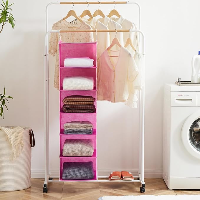 MAX Houser 6-Shelf Hanging Closet Organizer, Hanging Storage Shelves with 2 Sturdy Hooks Space-Saving for Bedroom, Foldable (Pink)-NeatNest