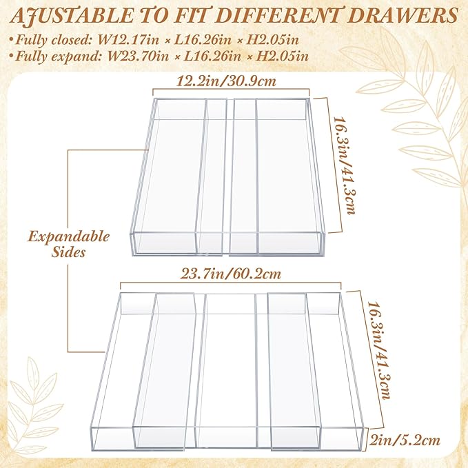 Expandable Kitchen Drawer Organizer Clear Acrylic Utensil Organizer Adjustable Acrylic Silverware Storage for Kitchen Drawers Silverware Flatware Knives(3-5 Compartments,12 x 16 Inches)