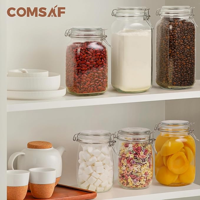 ComSaf Airtight Glass Canister Set of 3 with Lids 78oz Food Storage Jar Square - Storage Container with Clear Preserving Seal Wire Clip Fastening for Kitchen Canning Flour, Cereal, Pasta, Sugar, Beans-NeatNest