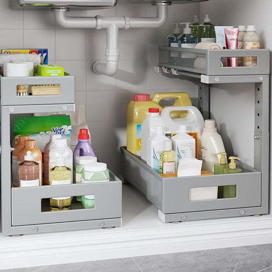 2-Pack Under Sink Storage Organizer, Large 2-Tier Elegant Mesh Pull Out Shelf for Kitchen and Bathroom Cabinet Organization, L-Shaped and Adjustable Height Design-Gun Gray-NeatNest