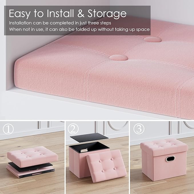 PRANDOM Ottoman with Storage [1-Pack] Velvet Folding Small Square Foot Stool with Lid for Living Room Bedroom Coffee Table Dorm Pink 17x13x13 inches-NeatNest