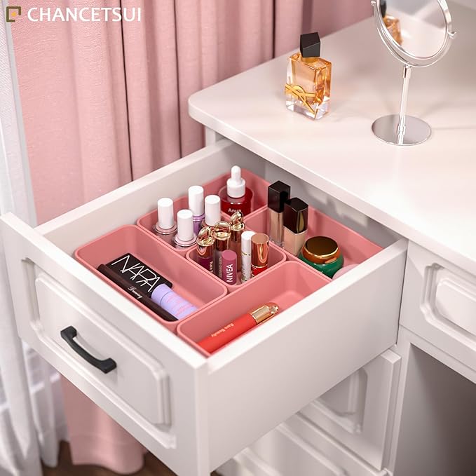 6 Pcs Stackable Drawer Organizer Set Desk Drawer Dividers, Bathroom Vanity Cosmetic Makeup Trays , Multipurpose Plastic Storage Bins for Jewelries, Kitchen Gadgets and Office Accessories, Rose-NeatNest