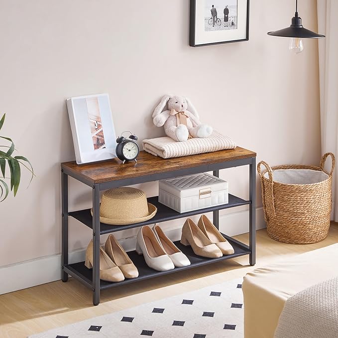 HOOBRO Shoe Bench, 3-Tier Shoe Rack with Oxford Fabric Shelves, 29.5" L Shoe Storage Organizer, Holds 6-8 Pairs of Shoes for Entryway and Hallway, Lightweight, Rustic Brown and Black BF77HX01