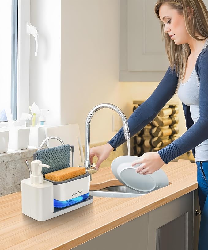 Hand and Dish Soap Dispenser Set with Tray, Dual Soap Dispenser with Sponge Holder and Dishcloth Holder 5-in-1 Organizer for Kitchen Sink Countertop Storage Organize - Useful Kitchen Gadgets (White)-NeatNest
