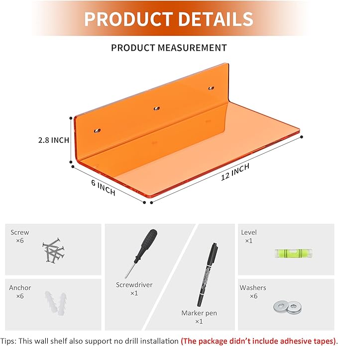 12 Inches Small Orange Wall Shelves Set of 2, Acrylic Floating Shelf for Bedroom, Living Room, Funko Pop Shelves, Smart Speaker, 2 Pack-NeatNest