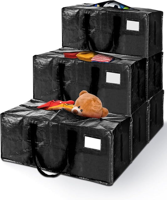 6 Pack Extra Large Moving Bags, Heavy Duty Packing Bags with Zippers and Handles for Space Saving, Clothes Storage, College Essentials, Travel, Black