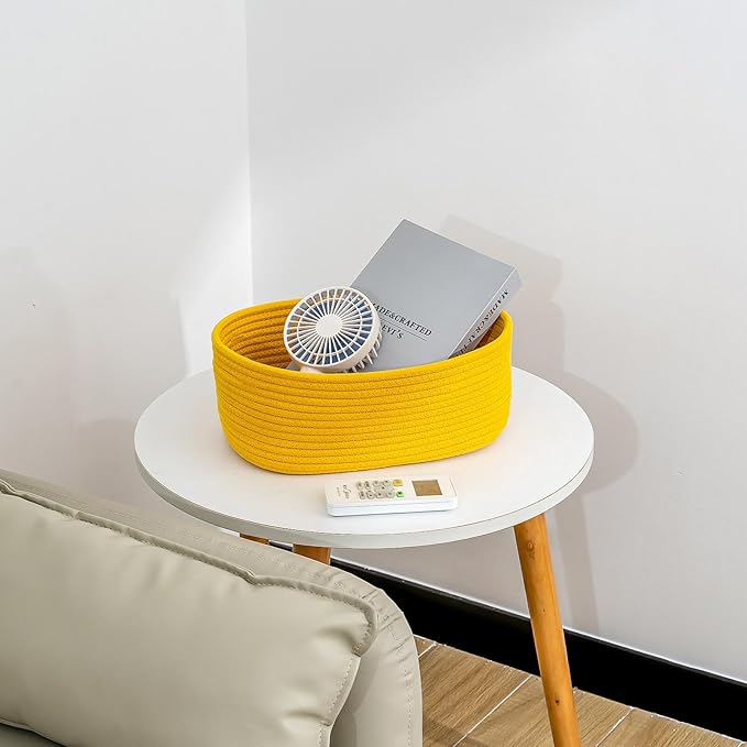 CubesLand Rope Woven Storage Baskets, Small Baby Nursery Organizer Basket, Rectangular Organization/Storage Bins, Closet Shelves Baskets，Empty Gift Basket 3 Packs, Yellow-NeatNest