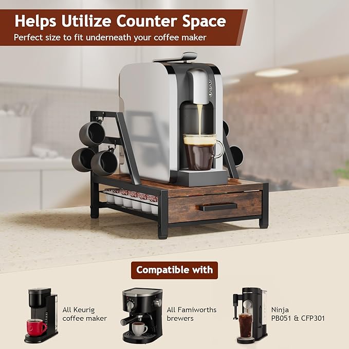 K Cup Holder Drawer - K Cup Storage Organizer, Coffee Pod Drawer with Hooks, Durable Iron-Wood Design, Space-Saving Coffee Station Organizer for Kitchen Counter-NeatNest