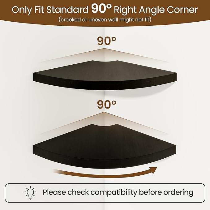 Fun Memories Corner Shelf Wall Mount, Solid Oak Wood Floating Corner Shelves with Cable Hole, 7in Rustic Design for Bedroom, Bathroom, Kitchen, Living Room (Black, 1 Pack)-NeatNest