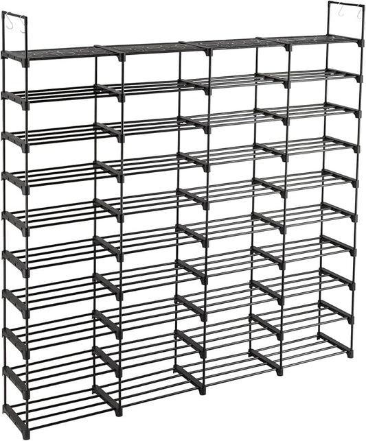 10-Tier Tall Shoe Rack - Free Standing Large Metal Closet Storage Shelves - Stackable Shoe Stand with Hooks for Bedroom Entryway - Holds 80 Pairs - Black-NeatNest
