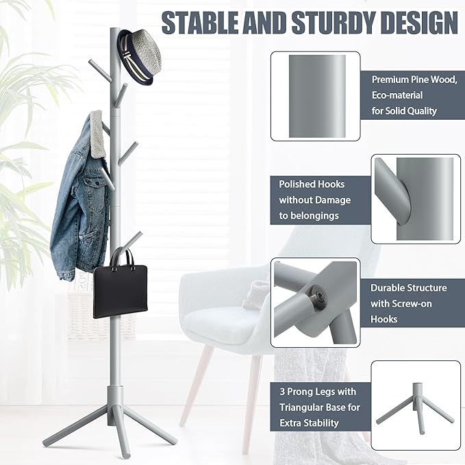 Haddockway Wooden Coat Rack Stand with 8 Hooks New Zealand Pine 3 Adjustable Coat Standing Tree Easy Assembly for Coats, Hats, Scarves and Handbags for Entryway, Hallway, Bedroom, Office-NeatNest