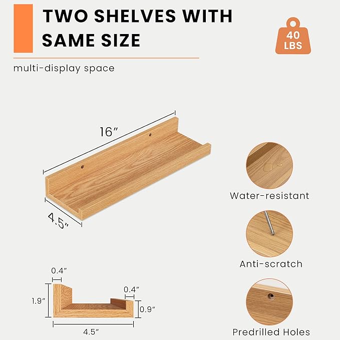 Heimlove Picture Ledge Shelf, Small Floating Shelves Set of 2, 16 Inches Picture Shelf for Wall with Ledge, Kids Bookshelf Wall Mounted for Living Room Bedroom Decor Books Photo Frames, Oak-NeatNest