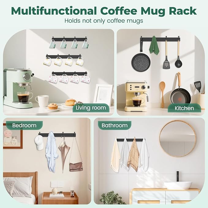 EsLuker.ly Mug Holder Rack Coffee Cup Hanger Wall Mount, Metal Wall Cup Shelf Organizer Stand with 12 Hooks, Fits Most Mugs Display for Home Kitchen, Easy to Install, Set of 3, Black-NeatNest