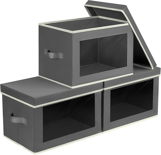 Storage Boxes with Lids - 3 Pack Fabric Clear Window Storage Bins, Collapsible Storage Bins with Lids, Linen Closet Organizer for Clothes, Towel, Blanket, Dark Grey-NeatNest