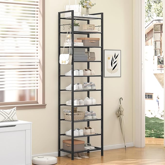 usikey 10 Tiers Narrow Shoe Rack 20-30 Pairs, Sturdy Metal Tall Shoe Rack Shelf with 4 Hooks, Slim Shoe Storage with Metal Shelf, Space Saving Vertical Shoe Organizer for Entryway, Closets, Black