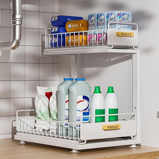 Under Sink Organizer, High Adjustable 2 Tier Under Kitchen Sink Organizer, Multi-Purpose Storage Shelf for Kitchen Bathroom Cabinet, White-NeatNest