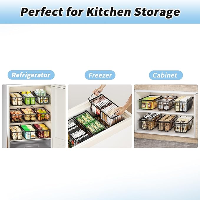 4 Pack Freezer Organizer Bins(14.6‘’L X 7.1‘’W X 5.2‘’H) for 7 Cu.FT Deep Ches Freezer Sort Frozen Meats | Stackablet Deep Freezer Organizer Bins Get Food Easily w/Handle(Black), Gifts Ideas for Mom