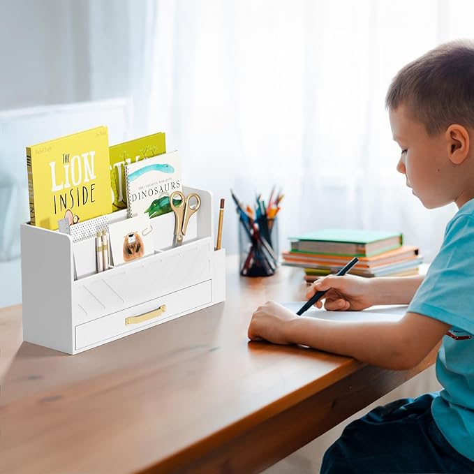 Bamboo Desk Organizer Mail Holder Countertop Wood Desk Drawer Tabletop Storage Box Pen Holder Letter Sorter Makeup Organizer for School Home Office Supplies with Pen Holder White-NeatNest