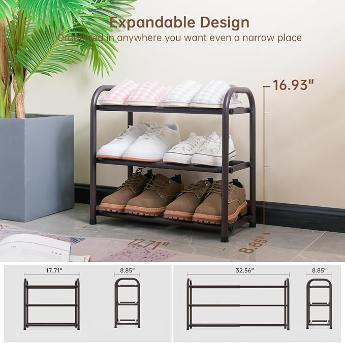 Gonfoam 3-Tier Expandable Shoe Rack,Adjustable Shoe Shelf Storage Organizer Heavy Duty Metal Free Standing Shoe Rack for Entryway Closet Doorway (Bronze)-NeatNest