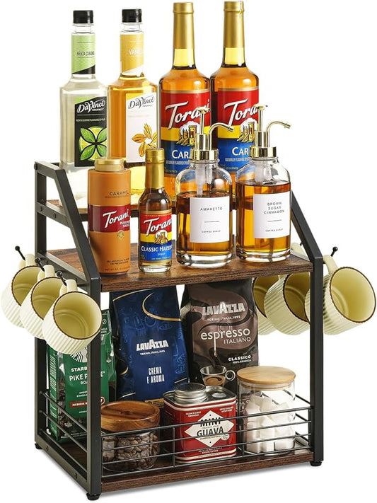 Coffee Station Organizer Mug Cup Holder Stand for Countertop, 3 Tier Coffee Syrup Organizer with 6 Hooks, Home Kitchens(Cabinets), Storage Stations, Office Desktop-NeatNest