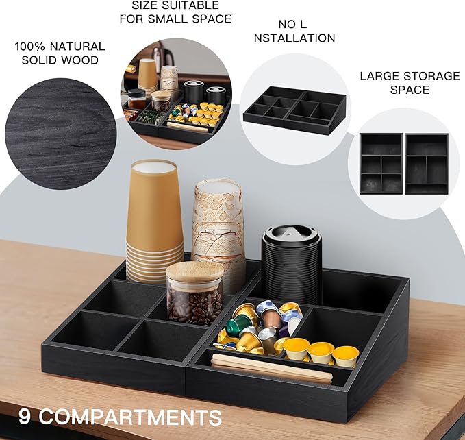 Coffee Station Organizer Coffee Condiment Service Tray with 9 Compartment for Counter, Wood Coffee Bar Supplies Organizer for Home Office Breakroom Two-in-One Black-NeatNest