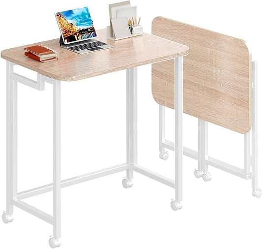 4NM 23.6" Mobile Small Rolling Computer Desk, Folding Laptop Cart Table with Wheels, Portable Office Desk for Small Space Couch Bed - Natural and White