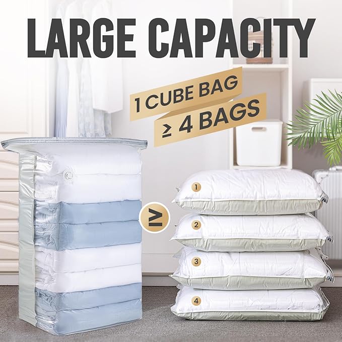 TAILI 4 Pack Vacuum Storage Bags, Jumbo Cube (31x40x15 Inch), Large Vacuum Seal Bag for Clothing, Comforters, Blankets, Bedding, Sweater, Closet Storage and Organization, Cream