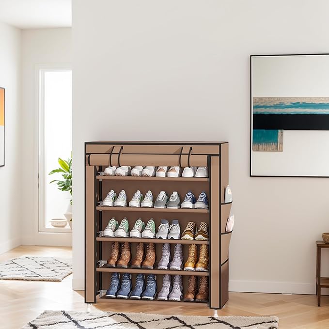 Laiensia 5-Tier Vertical Shoe Rack Organizer, Space Saving Shoe Storage Organizer, Non-Woven Cover Shoe Shelf Holds 20-25Pairs for Bedroom, Hallway, Closet Entryway, Brown-NeatNest