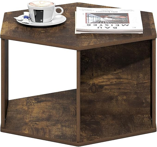 Furinno Modern Hexagonal Coffee Table, Unique Coffee Table, Center Table with Open Storage Shelf, Amber Pine-NeatNest