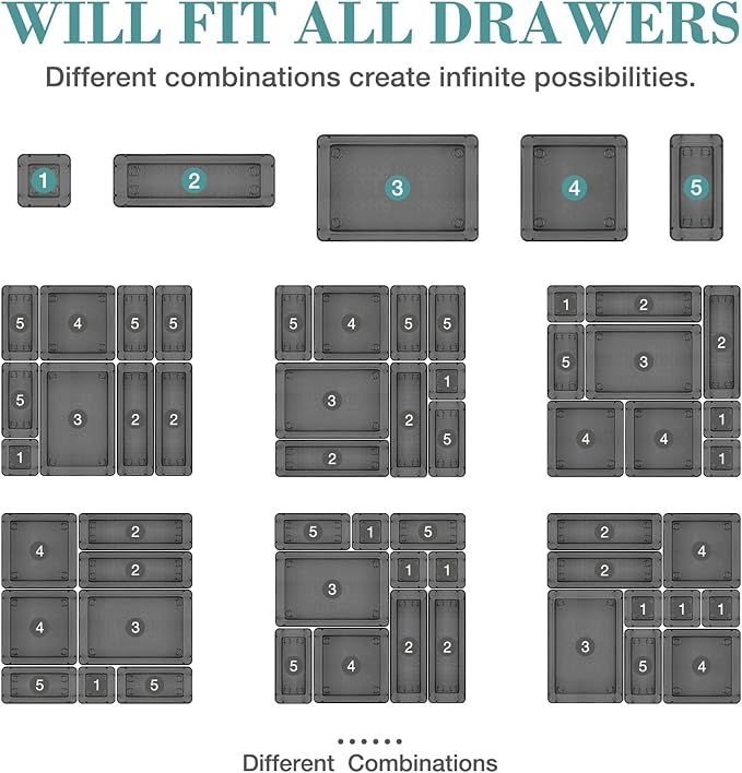 10 PCS Drawer Organizer Set, 4 Varied Size Bathroom and kitchen Drawer cabinet organizer Trays, Clear Storage Bins for Makeup, Jewelry, Utensils and Gadgets, Black-NeatNest