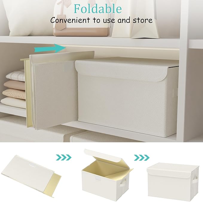 Foldable Storage Bin, Cube Organizer Basket with Flip-Top Lid and 2 Handles, Decorative Boxes for Shelves with Cover for Clothes, Towels, Blanket, 2 Pack, Beige, 13 x 9 x 7.9 In, XSNY12BEM-2-NeatNest