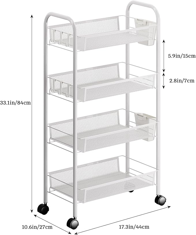 3/4/5 Tier Fruit Vegetable Basket, Stackable Metal Mesh Storage Basket with 360 Degree Wheels, Fruit Vegetable Produce Basket Storage Organizer for Kitchen, Pantry, Bathroom White 4-Layers