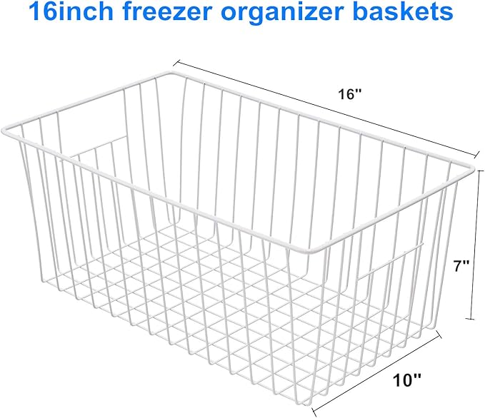16inch Freezer Wire Storage Organizer Baskets, Household Refrigerator Bins with Built-in Handles for Cabinet, Pantry, Closet, Bedroom