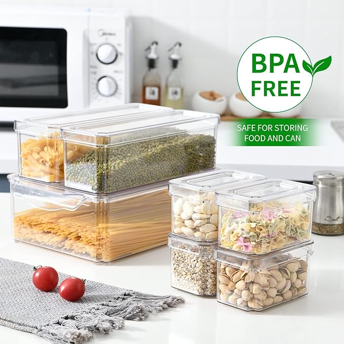 7-Piece Stackable Fridge Organizer Set - Clear Containers with Lids, Perfect for Organizing Vegetables, Fruits, Food, and Drinks