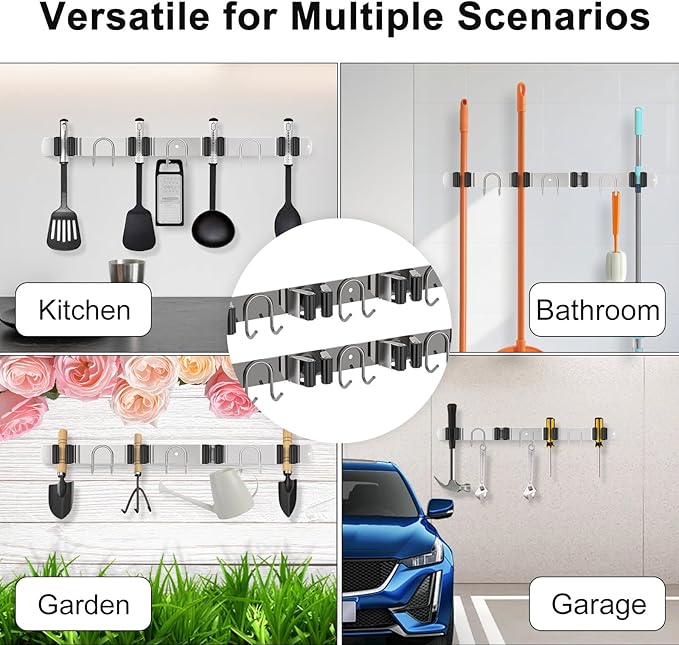Mop Broom Holder Wall Mount, 2 Packs Silver Stainless Steel Tool Storage Organizer for Kitchen Garden Garage Laundry Room Bathroom and RV with 4 Slots 6 Hooks-NeatNest