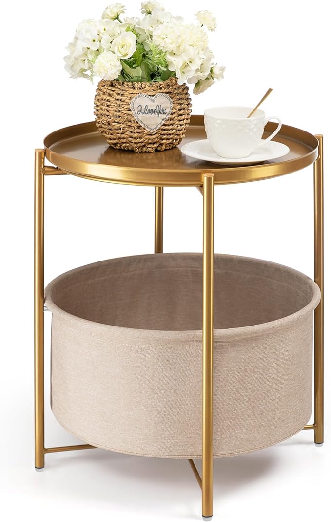 danpinera Round Side Table with Fabric Storage Basket, Pack of 2, Metal Side Table Small Bedside Nightstand with Removable Tray Top for Living Room, Bedroom, Nursery, Laundry, Gold-NeatNest