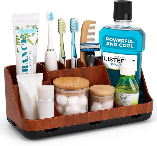 Bathroom Decor and Accessories - Detachable 7 Slots Kids Electric Toothbrush and Toothpaste Holde for Bathroom Tray Countertop Vanity Storage, Bathroom Sink Storage Organizer, Red Wood-NeatNest