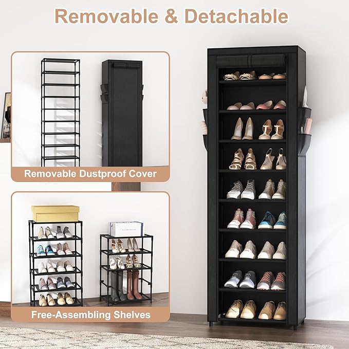 Shoe Rack with Cover Narrow Shoe Organizer with 4 Side Pockets 10 Tier Tall Shoe Storage Holds 18-22 Pairs Shoes and Boots Shoe Rack for Closet Entryway Garage-NeatNest