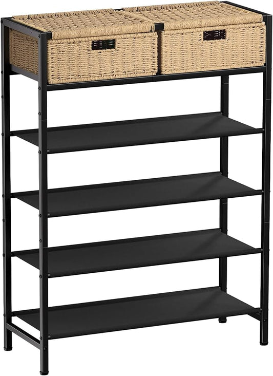 Shoe Rack, 5 Tier Shoe Storage Organizer with 2 Hand Woven Drawers, Metal Shoe Shelf for 16-20 Pairs of Shoes, with 4 Fabric Shelves and Woven Top, Shoe Stand for Closet Entryway, Rustic Oak-NeatNest