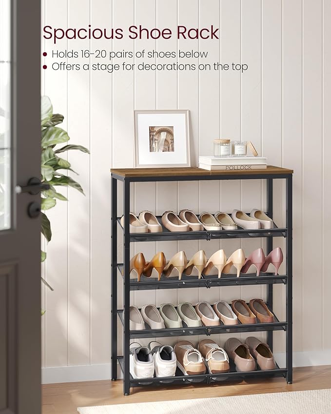 VASAGLE Shoe Rack for Entryway, 5-Tier Shoe Rack Organizer with Storage Shelves and Spacious Top, Freestanding, Adjustable, Industrial, Honey Brown and Ink Black ULBS038K01-NeatNest