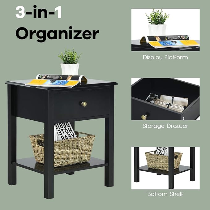 Giantex Nightstand Set of 2, 2-Tier End Table with Drawer and Open Storage Shelf, Modern Bedside Tables, Wooden Side Table Night Stand for Bedroom, Dorm, Small Spaces, Easy Assembly, Black