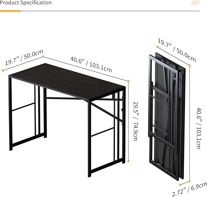 Folding Desk 40 inch Writing Gaming Computer Camping Desk, No Assembly Required Home Office Table, Black-NeatNest
