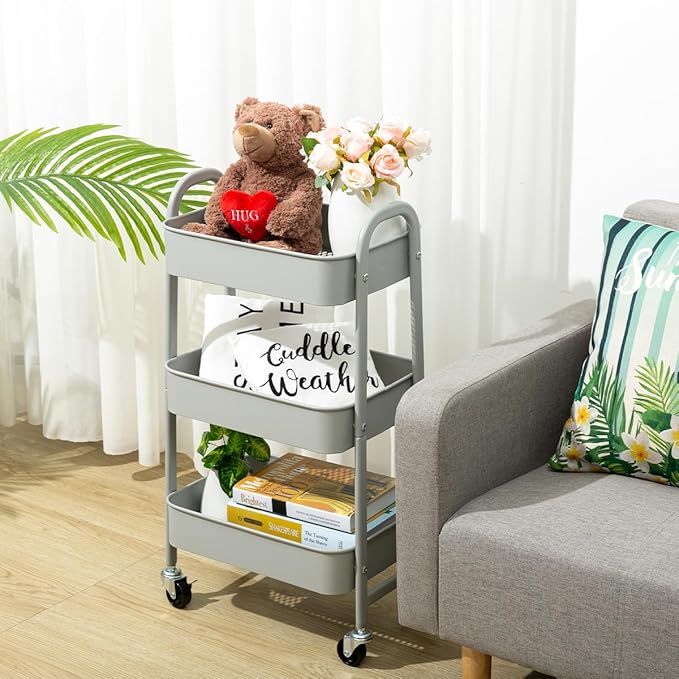 AGTEK Makeup Cart, Movable Rolling Organizer Cart, 3 Tier Metal Utility Cart, Grey-NeatNest
