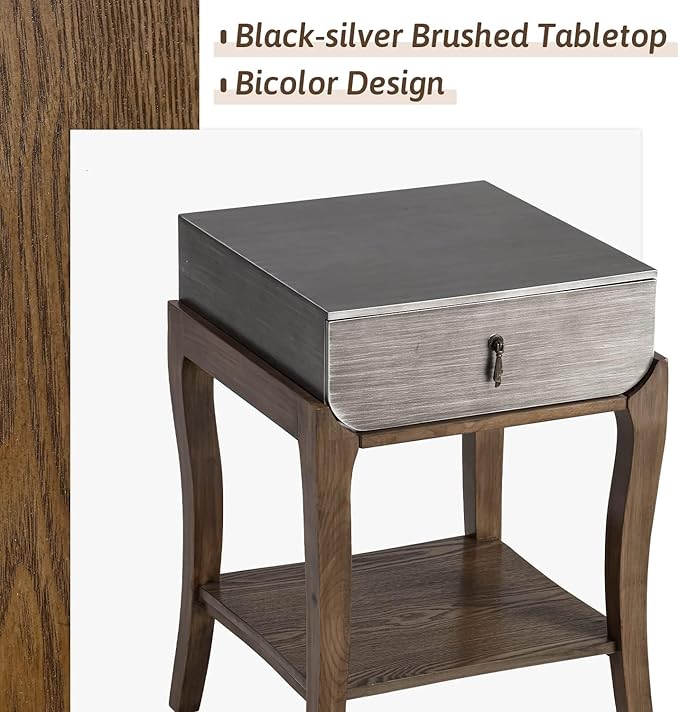 COSIEST Rustic Nightstand, 2-Tier Farmhouse Bedside Table, Wood Accent End Table with Storage Drawer and Open Display Shelf for Bedroom Nursery Living Room (Black & Silver)-NeatNest