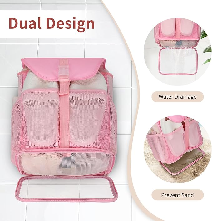 Pink Hanging Mesh Shower Caddy Portable for College Dorm Room Essentials, Large Capacity Shower Bag for Guys/Girls, for Beach, Swimming, Gym