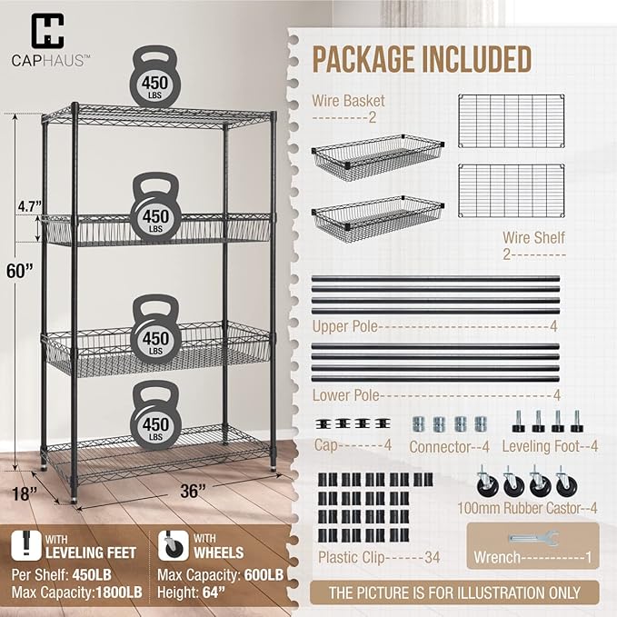 CAPHAUS NSF Commercial Heavy Duty 4 Tier Wire Shelving w/Two Rectangle Baskets, Wheels, Leveling Feet, Storage Metal Shelf, Basement Garage Shelving, Utility Wire Rack Storage Black-NeatNest